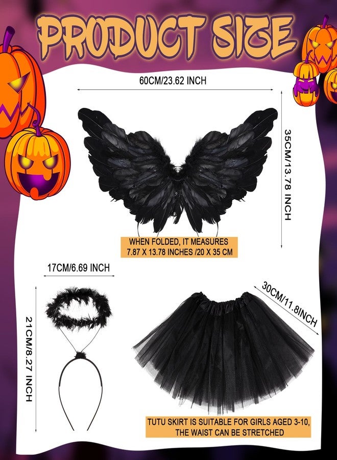 Tisancy 6 Pcs Halloween Angel Costume Set Feather Wings Wreath Headband Set 3 Layered Tulle Tutu Skirt Black and White Angel Costume for Girls Kids Halloween Xmas Cosplay Party Accessory - Image 2
